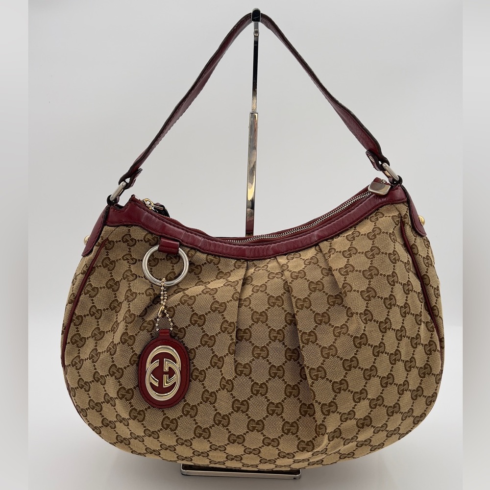 Gucci Brown Monogram Shoulder Bag with Burgundy Trim